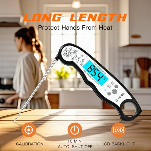 KULUNER Instant Read Food Thermometer, White Waterproof Digital Meat Thermometer with 4.6" Folding Probe, Backlight & Calibration, 2-3s Fast Reading for Kitchen Baking Grilling Cooking - White - color: White