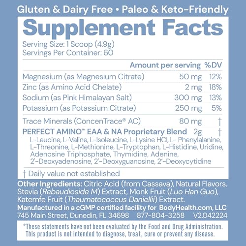 BodyHealth PerfectAmino Electrolytes Powder No Sugar, Hydration Fasting Keto Zero Sugar Electrolytes Drink Mix with Trace Minerals - Passion Fruit - 60 Servings - size: 10.4 Ounce (Pack of 1)