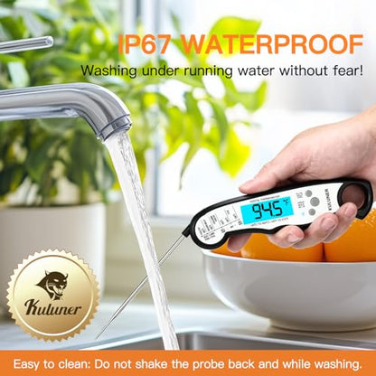 KULUNER Instant Read Food Thermometer, White Waterproof Digital Meat Thermometer with 4.6" Folding Probe, Backlight & Calibration, 2-3s Fast Reading for Kitchen Baking Grilling Cooking - White - color: White