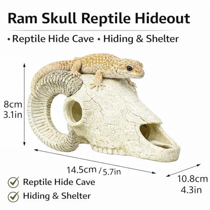 Reptile Hide Cave Decoration, Ram Skull Style Resin Shelter for Gecko, Lizard, Snake and Amphibian, Natural Habitat Decor for Small Reptiles