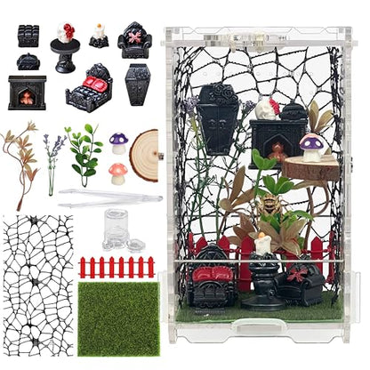 21-in-1 Jumping Spider Enclosure Kit, Acrylic Terrarium with Front Door & Magnetic Feeder, Complete Accessories Set for Jumping Spider, Tarantula, Praying Mantis, Reptile Habitat, 360° View
