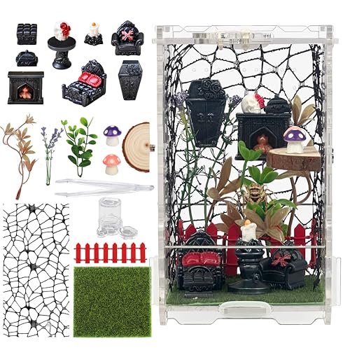 21-in-1 Jumping Spider Enclosure Kit, Acrylic Terrarium with Front Door & Magnetic Feeder, Complete Accessories Set for Jumping Spider, Tarantula, Praying Mantis, Reptile Habitat, 360° View