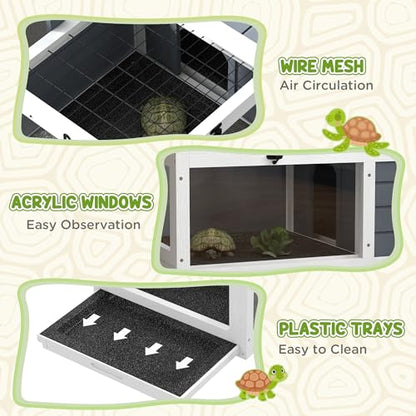Tortoise Habitat, Wooden Tortoise House, Indoor Outdoor Tortoise Enclosure with Lamp Holder, Pull-out Waterproof Trays, Openable Lids, Gray