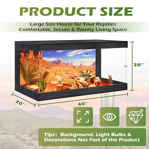 Royxen Bearded Dragon Tank, 64 Gallons Tempered Glass Reptile Terrarium with Metal Mesh Top, 3-Side Clear Anti-Scratch Glass Lizard Tank for Reptile Habitat (Black, 40" Length) - color: Black, size: 64Gal,40x20x20inch