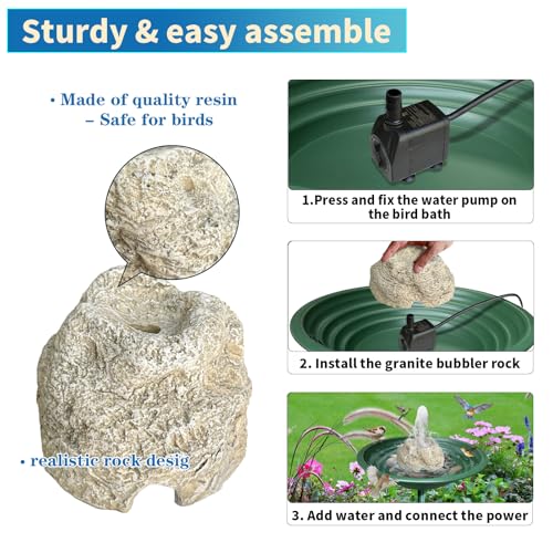 SAC SMARTEN ARTS Fountain for Bird Baths for Bird Bath Fountain with 7.5W Water Pump Resin Granite Rock Water Feature for Garden Patio Lawn Hummingbird Birdbath Fish Tank and Aquariums
