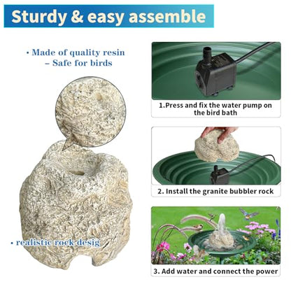 SAC SMARTEN ARTS Fountain for Bird Baths for Bird Bath Fountain with 7.5W Water Pump Resin Granite Rock Water Feature for Garden Patio Lawn Hummingbird Birdbath Fish Tank and Aquariums