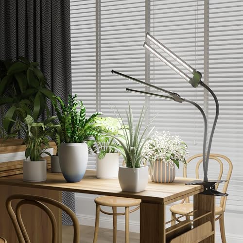 LED Grow Light,Super Bright 6000K White Full Spectrum Clip Plant Growing Lamp with Rotatable Dual Head for Indoor Desk Plants,Dimmable & Timer 4/8/12H,High Power Output for Faster Growth,2-Head - size: 2 Tube
