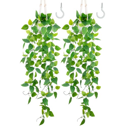 LOYWREE 2 Pack Artificial Hanging Plant Kit with Pot and Hanger - 39" Long Fake Pothos Vines - Hanging Potted Faux Plant Indoor for Wall Ceiling Bedroom Bathroom Living Room Home Decor (White Pot) - color: Pothos With Hanger, size: 2Pack