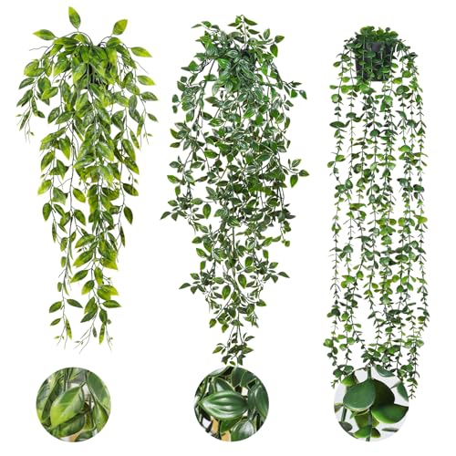 RECUTMS Fake Hanging Plants with Pots 3 Pack Artificial Ivy Vine Fake Potted Eucalyptus Plants Mandala Ivy Vine Leaves Pea Pod Summer Home Room Shelf Wall Indoor Outdoor Wedding Graduation Decor - color: Green With Pots-3pcs