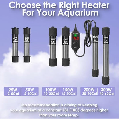 200W Compact Aquarium Heater for 20-40 Gallon Tanks | Submersible Fish Tank Heater with LED Digital Thermostat, Dry-Run & Overheat Protection, Memory Function - size: For Tanks 20-40 Gal