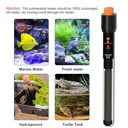 PULACO 300Watt Aquarium Heater for 50-70 Gallon Fish Tank, Adjustable Submersible Heater Thermostat with Thermometer Strip and Suction Cup