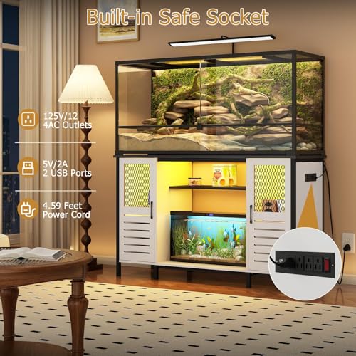 BREEZEHEAT 55-75 Gallon Fish Tank Stand with Power Outlets, LED Light, Adjustable Shelves, Heavy Duty Aquarium Stand with Cabinet, Terrarium stand Suitable for Turtle & Reptile Tank, 1250LBS, White