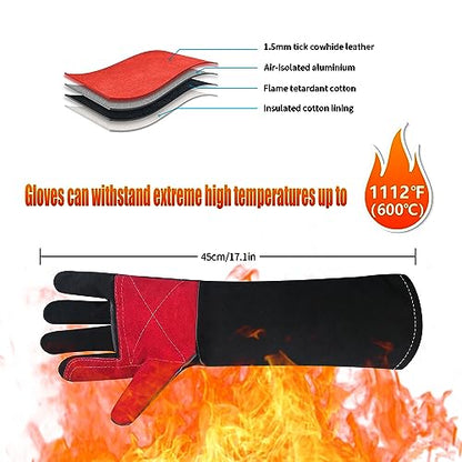 Long Welding Gloves 23.6 Inches 932℉,Heat/Fire Resistant Leather For Mig, Tig, Stick, Forge, BBQ, Grill, Fireplace - color: 17.7in Black
