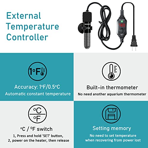 Mini Submersible Aquarium Heater,200 Watts Adjustable Fish Tank Heater, Built-in Thermometer, External Temperature Controller, Smart Memory, Used for 1-60 Gallons (200 Watts) - size: 200 Watts