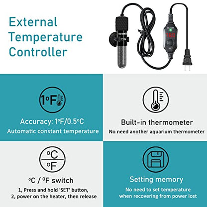 Mini Submersible Aquarium Heater,200 Watts Adjustable Fish Tank Heater, Built-in Thermometer, External Temperature Controller, Smart Memory, Used for 1-60 Gallons (200 Watts) - size: 200 Watts