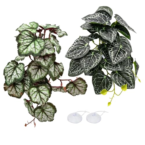 Reptile Plants Terrarium Decor, Artificial Fake Plants for Bearded Dragon, Leopard Gecko, Snake, Crested, Ball Python Tank (Coral Bells & Black Crystal Anthurium Leaf (with Suction Cups)) - color: Coral Bells & Black Crystal Anthurium Leaf (With Suction C