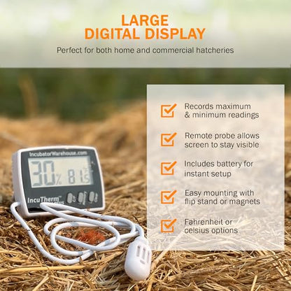 IncuTherm™ Plus Digital Thermometer and Hygrometer for Egg Incubator - Large Digital Display with Min/Max Memory - Remote Probe - Reads Celsius and Fahrenheit +/-1° 1109 IWTH01