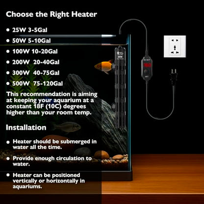 AquaMiracle Submersible Aquarium Heaters, 300W Fish Tank Heater with LED Digital Temp Display, Dry-Run Auto Power-Off & Overheat Protection, for Freshwater and Saltwater Tanks (40-75 Gal) - size: For 40-75 Gal Aquariums