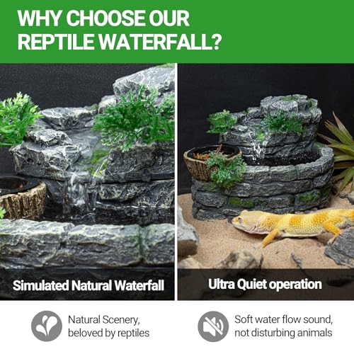 Reptile Water Fountain, Reptile Terrarium Waterfall Drinking Fountain with Food Dish for Bearded Dragon Lizard Leopard Crested Gecko Chameleon Frog