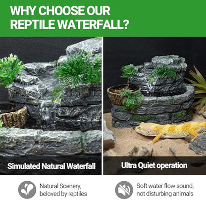 Reptile Water Fountain, Reptile Terrarium Waterfall Drinking Fountain with Food Dish for Bearded Dragon Lizard Leopard Crested Gecko Chameleon Frog