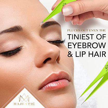 Majestic Bombay Fine Point Tweezers for Women and Men – Splinter Ticks, Facial, Brow and Ingrown Hair Removal–Sharp, Needle Nose, Surgical Tweezers Precision Pluckers best tweezers for chin hair - color: Green