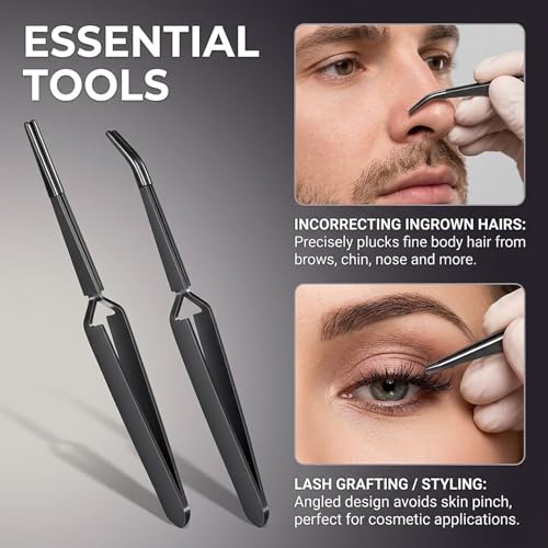 Reverse Tweezers for Crafting, 2 Pcs Rubber Tipped Tweezers Stainless Steel PVC Coated Bent and Straight Flat Tip Cross Locking Precision Tweezer Set for Crafts Jewelry Beads Coins Electronic (Black)
