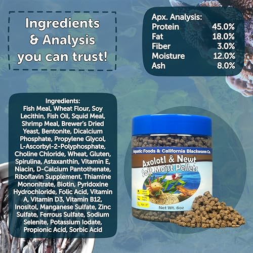 Axolotl Pellet Food 1/8" Soft Moist Sinking Pellets for Juvenile Axolotl Also Shrimp, Snails, Crayfish, Bottom Tropical Fish, Blackworm Pellets Included 6oz Canister - size: 6 Ounce (Pack of 1)