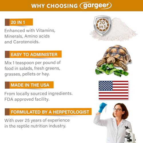 Gargeer Grassland Tortoise Multivitamin & Mineral Powder 3 oz, High Fiber Supplement with Probiotics, Calcium & Vitamins for Sulcata, Russian, Hermann's & Leopard Tortoises. Made in the USA. Enjoy!