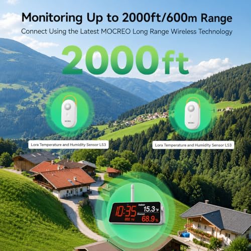 MOCREO WiFi Indoor Wireless Thermometer Hygrometer, 2000ft Long Range Temperature Humidity Sensor Monitor with Large LCD Display & Remot App Alert, 2-Year Free Data Export, for Patio, Garage, Basement - size: 1 Long Range LCD Hub + 1 Sensors