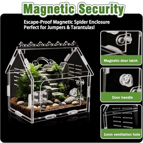 Jumping Spider Enclosure - 5.9"x3.9"x5.1" Magnetic Acrylic Terrarium Kit for Tarantula, Mantis and Reptiles, Escape-Proof Habitat with Secure Latches & Ventilation, Clear Invertebrate Breeding Cage