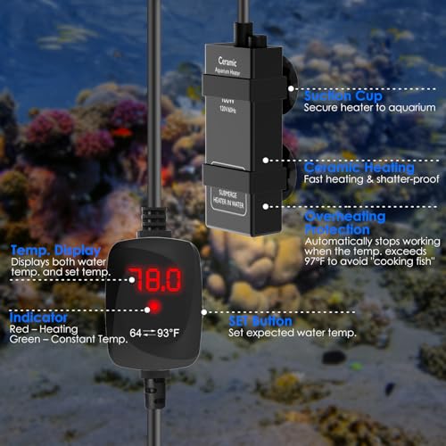 Aquarium Heater 100W Super Small Fish Tank Heater with Digital Display Thermostat, Alumina Ceramic Betta Tank Heater Turtle Heater for 10-20 Gallon Tanks - size: For Aquariums ≤ 20 Gal
