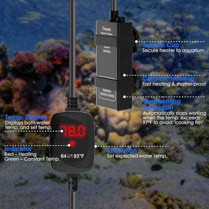 Aquarium Heater 100W Super Small Fish Tank Heater with Digital Display Thermostat, Alumina Ceramic Betta Tank Heater Turtle Heater for 10-20 Gallon Tanks - size: For Aquariums ≤ 20 Gal