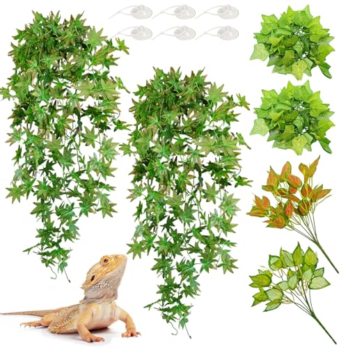 BNOSDM Reptile Plants Habitat Decorations with Suction Cup Terrarium Hanging Plant Bearded Dragon Tank Accessories Artificial Leaves Reptile Hide for Lizard Snake Leopard Gecko Chameleon (Green) - color: Green