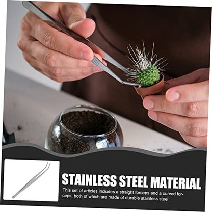 ARTIBETTER Stainless Steel Tweezers 2 Pcs Straight and Curved Nippers 25cm Long Angled Feeding Tongs for Reptile