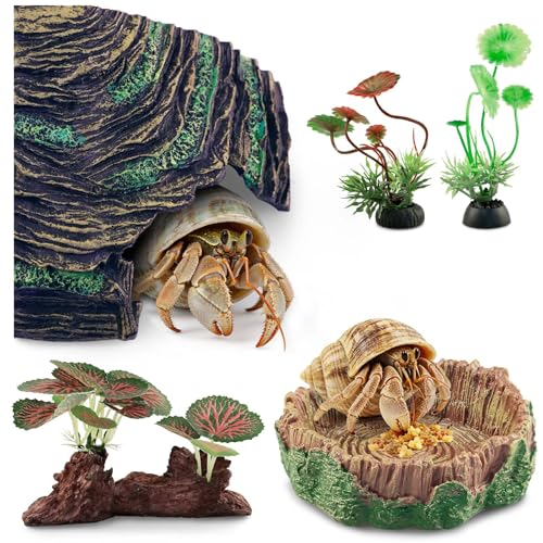 Hermit Crab Accessories Kit 5 PCS, Exclusive Hiding House + Food/Water Bowl + 3 Artificial Plants, Naturalistic Terrarium Decor for Hermit Crabs (Not for Large Reptiles)