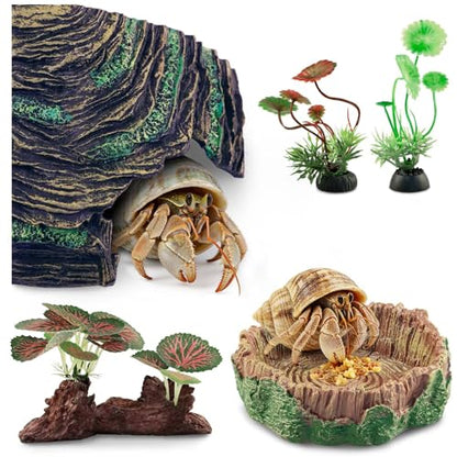 Hermit Crab Accessories Kit 5 PCS, Exclusive Hiding House + Food/Water Bowl + 3 Artificial Plants, Naturalistic Terrarium Decor for Hermit Crabs (Not for Large Reptiles)