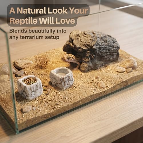 Reptile Hide Cave Set - Resin Rock Hideout with 2 Food and Water Bowls, Small Reptile Tank Accessories for Gecko, Frog, Young Bearded Dragon and Amphibian Habitat