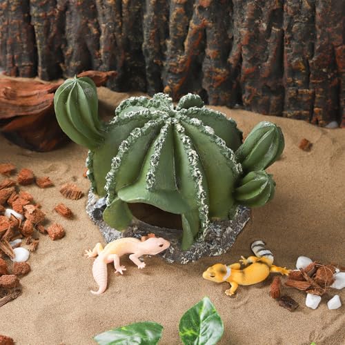 IBWell Resin Cactus Leopard Gecko Hide Reptile Cave，Desert Terrarium Décor，Bearded Dragon Hideout, Small Reptile Hide