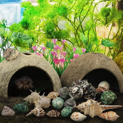 QUOZUO Hermit Crab Shells Natural Coconut Shell Hut Artificial Plants, 22 PCS Hermit Crab Supplies Seashells for House Hermit Crab Tank Habitat