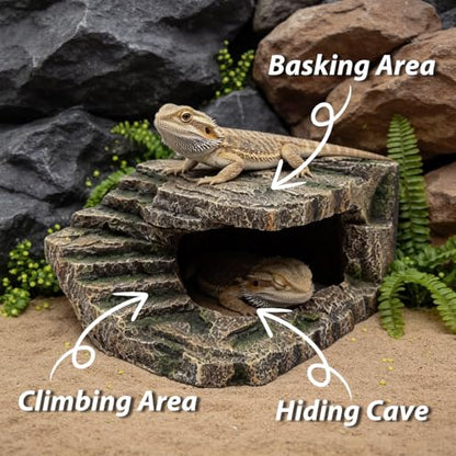 Extra Large Resin Reptile Cave Hideout, Rock-Style Basking Platform, Aquarium and Terrarium Decor, Ideal for Reptiles, Amphibians, and Fish