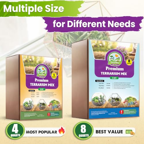 DUSPRO Premium 6in1 Terrarium Soil Mix – Pre-Mixed Terrarium Substrate Mix for Terrariums, Balanced Moisture Growing Medium with Coco Coir, Peat Moss, Pine Bark, Perlite, Pumice & Zeolite 4QRT - size: Terrarium Soil 4 Quarts