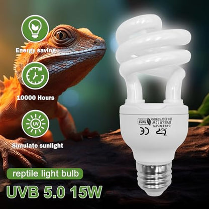 UVB Reptile Light, 5.0 15W UVA UVB Light for Reptiles, Spiral Compact Fluorescent UVB Bulb for Chameleons Tortoise Iguanas and Snakes - size: 5.5 in 5.0