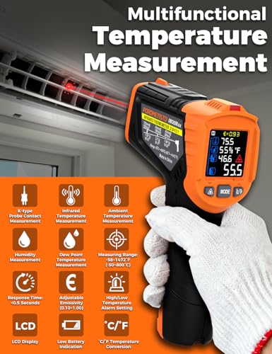 4 in 1 Temperature Gun POROMETISTO 4 Types of Alarm Setting,-58-1472°F Measure Infrared/Ambient Temperature Humidity Infrared Thermometers,Industrial Laser Thermometer Gun with K-Type Probe