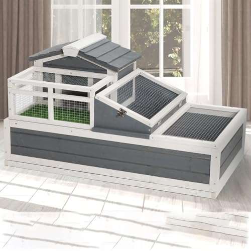 Tortoise House Habitat, Wooden Large Transparent Tortoise Enclosure with Turf Balcony & 2 Stories, Indoor/Outdoor Wooden Tortoise Enclosure with Ladder and Tray for Small Animals