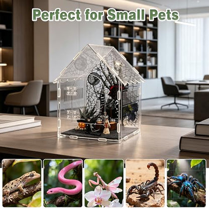 24-in-1 Jumping Spider Enclosure Kit, Acrylic Arboreal Terrarium with Magnetic Door & Feeding Hole, Complete Accessories for Tarantula Mantis Reptile Isopod, 8"x8"x12" (Gothic Style)