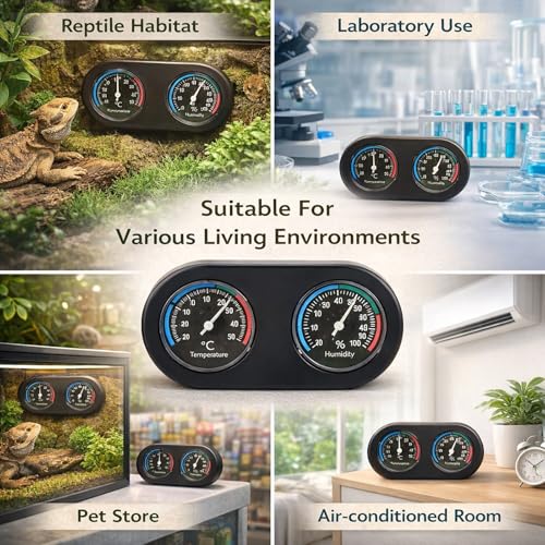 Mini Analog Temperature Humidity Meter, Round Shape Thermometer Hygrometer, Black Compact Design - Accurate Physical Measurement, No Battery Required, Ideal for Reptile Tank and