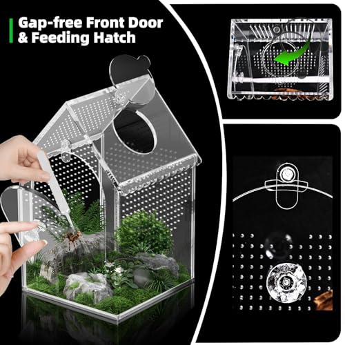 Cycodo Mini Jumping Spider Enclosure, Warp-Proof Acrylic Tarantula Terrarium, Front Opening Bug Habitat with Feeding Port for Praying Mantis, Snail, and Micro Reptile Habitat, 3" x 3" x 5" - size: 3"L * 3"W * 5"H