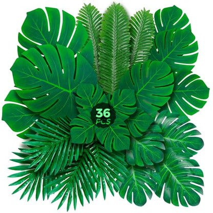 Decopom Palm Leaves Artificial Tropical Monstera 36Pack 6 Kinds Large Small Green Fake Palm Leaf with Stems - style: 36 Pack