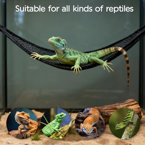 Bearded Dragon Hammock, 2 Sets Breathable Reptile Mesh Hammock with Suction Cups, Reptile Accessories Hideout for Iguanas, Lizards, Geckos, Snakes, Chameleons (Black)