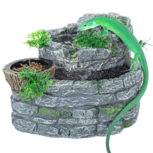 Reptile Water Fountain, Reptile Terrarium Waterfall Drinking Fountain with Food Dish for Bearded Dragon Lizard Leopard Crested Gecko Chameleon Frog